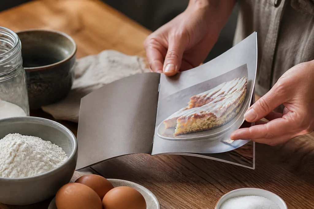 Hands using a stapled recipe booklet beside baking ingredients for booklet printing with stapled binding.