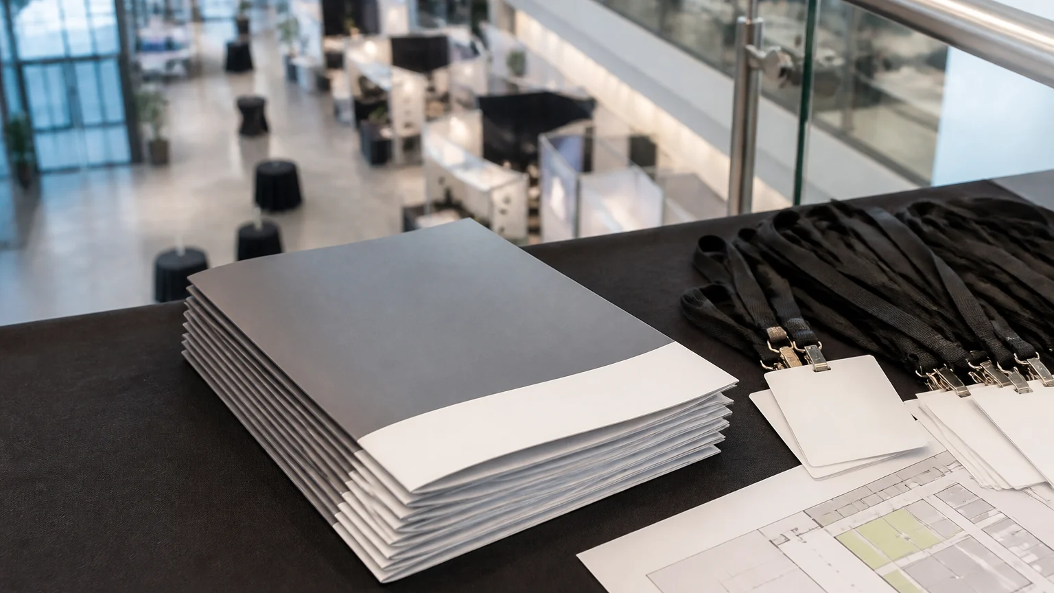 Stapled event programme booklets prepared at a registration desk for stapled booklet printing for events.