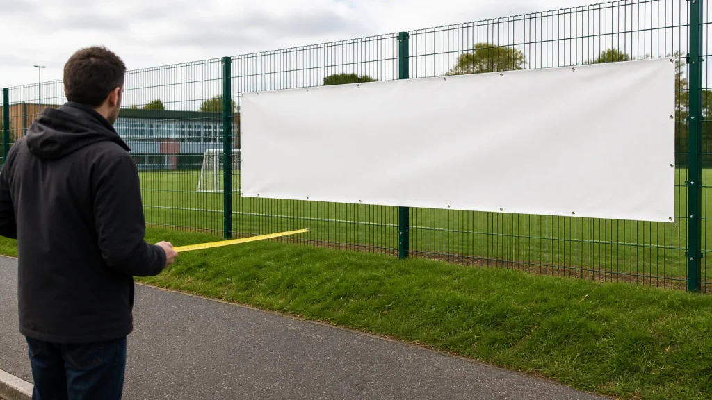 Large vinyl banner printing planned for outdoor viewing distance beside a sports field fence