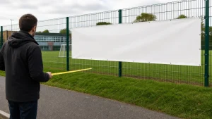 Large vinyl banner printing planned for outdoor viewing distance beside a sports field fence