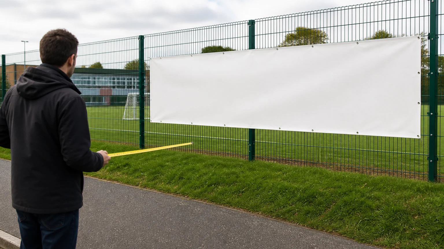 Large vinyl banner printing planned for outdoor viewing distance beside a sports field fence