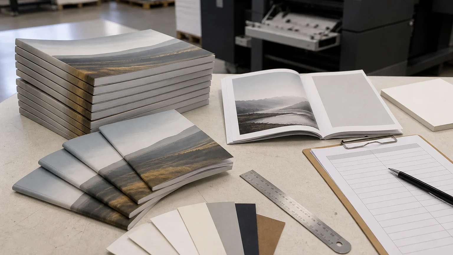 A5 booklets, paper samples and an approved proof arranged for print production.