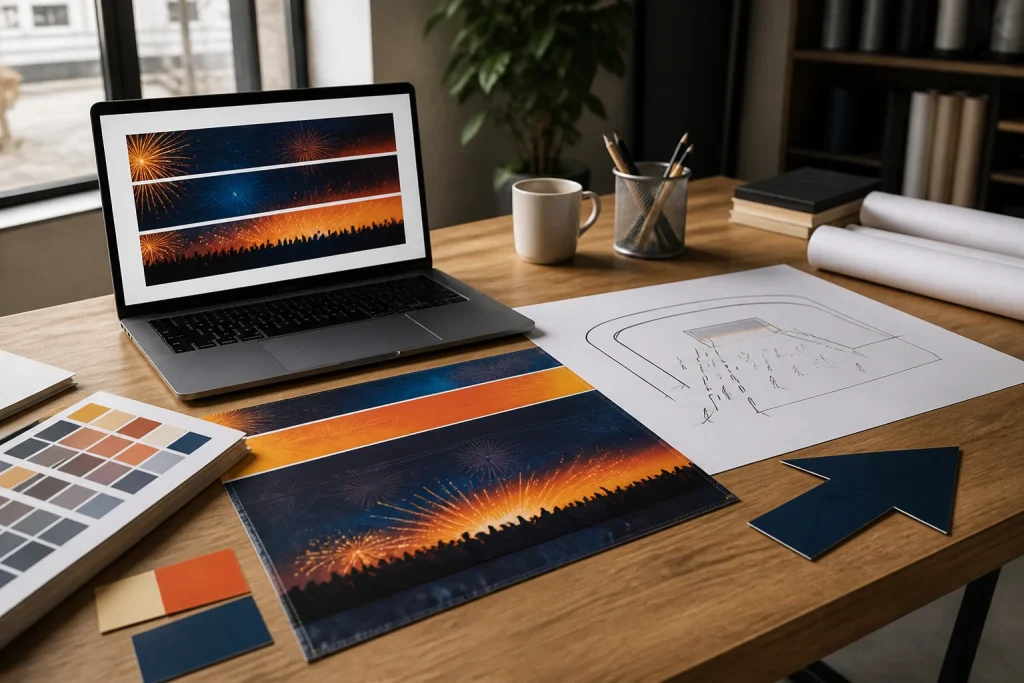 Artwork planning for Bonfire Night banners with clear visual hierarchy