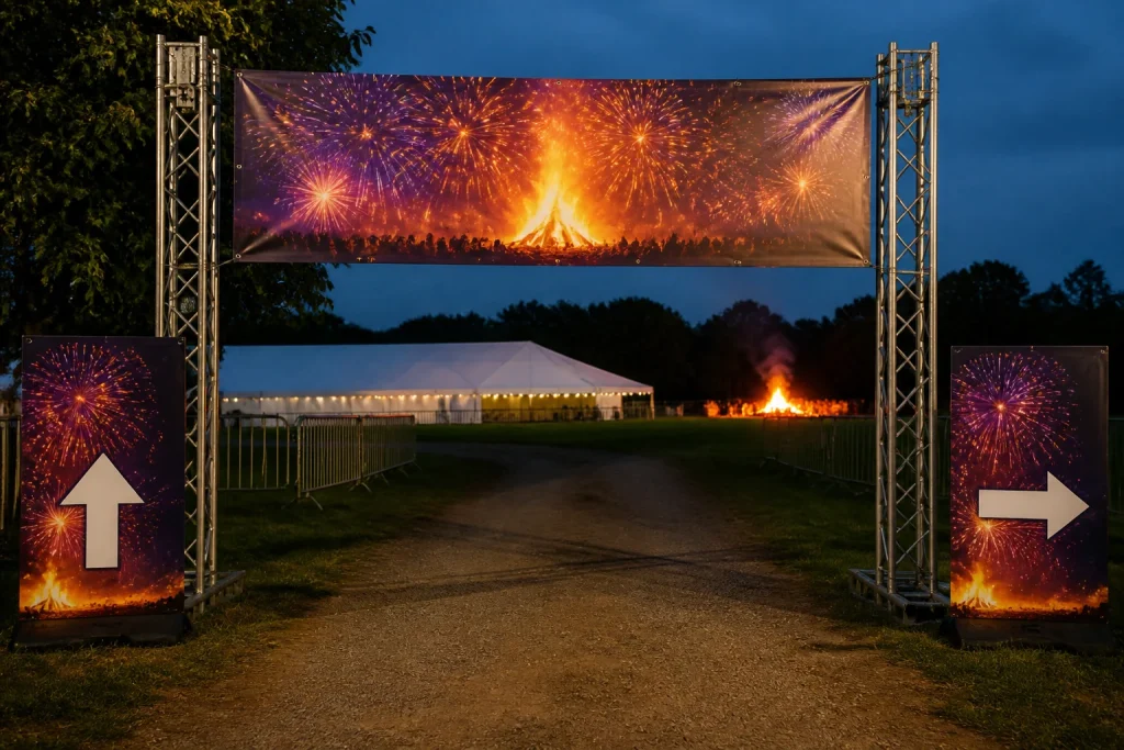 Bonfire Night banner supported by smaller event signs