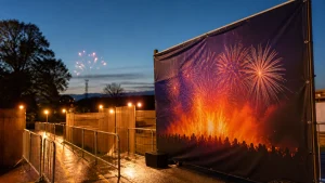 Bonfire Night event entrance with a large printed banner and organised visitor route