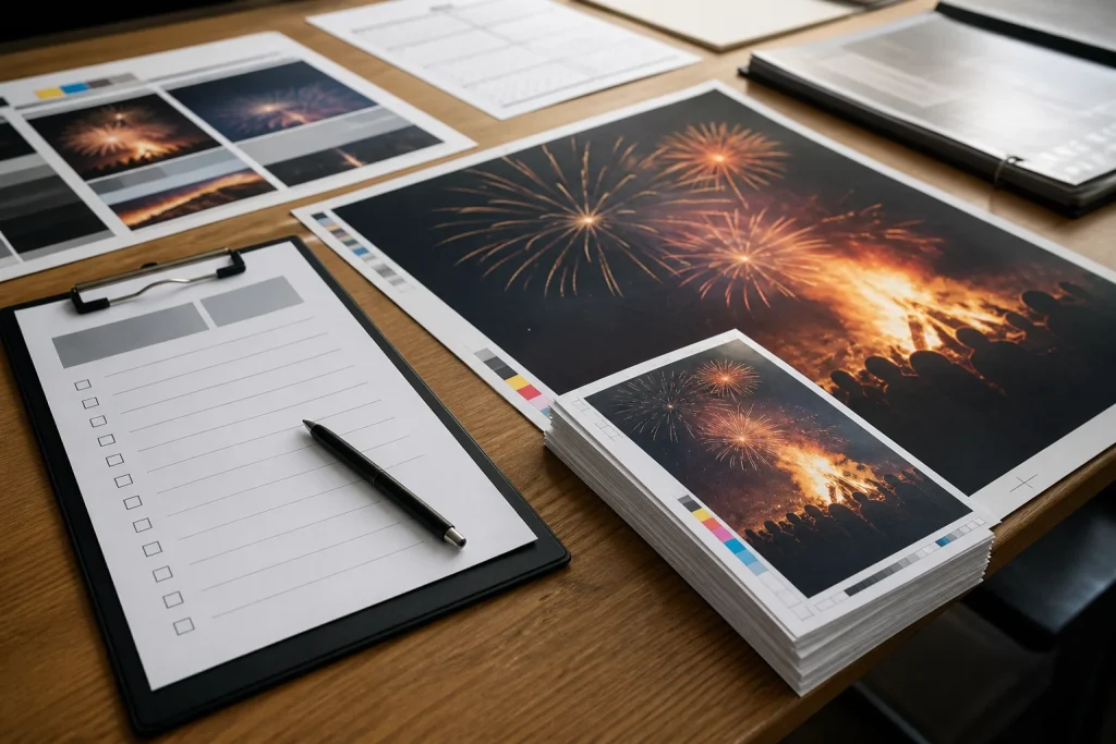 Artwork proof checklist beside Bonfire Night poster and flyer samples
