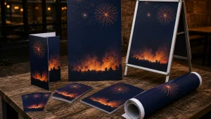 Coordinated bonfire night printing items including flyers, poster, menu and event signage