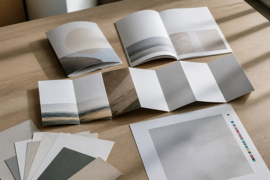 Printed brochure formats and paper samples prepared for specification review
