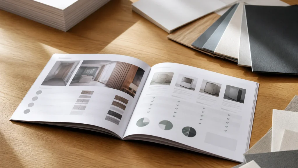 Open business brochure arranged around a reader’s product comparison decision