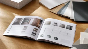 Open business brochure arranged around a reader’s product comparison decision