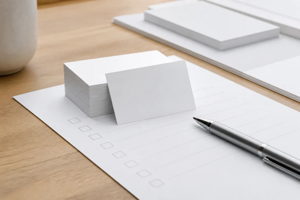 Business card approval checklist beside a stack of printed cards