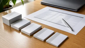 Updated business cards arranged beside an approval sheet for staff detail changes for business card printing UK.