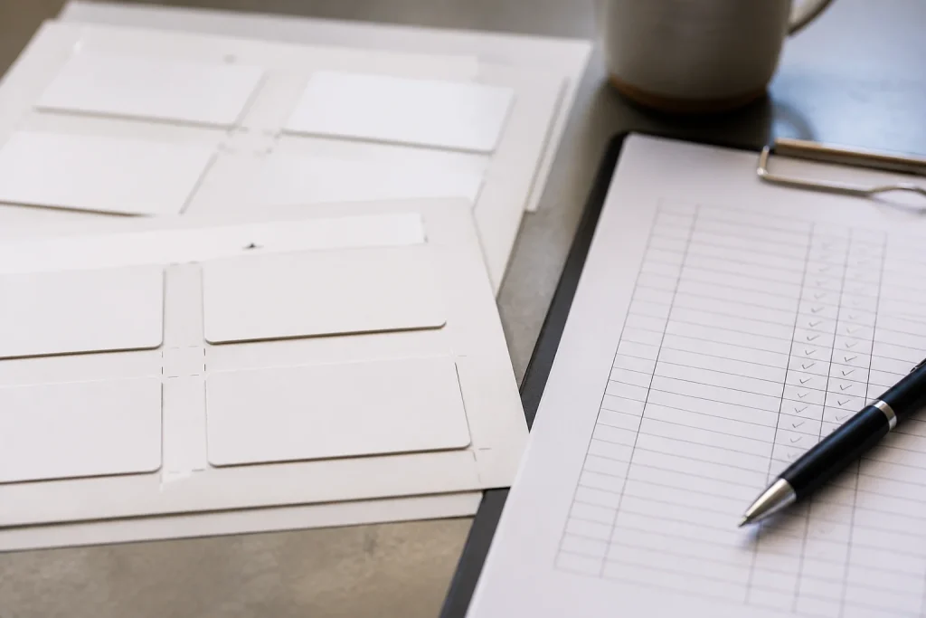 Business card proofs being checked before printing