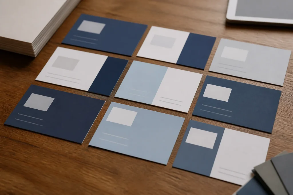 Business card proofs arranged around one shared brand template