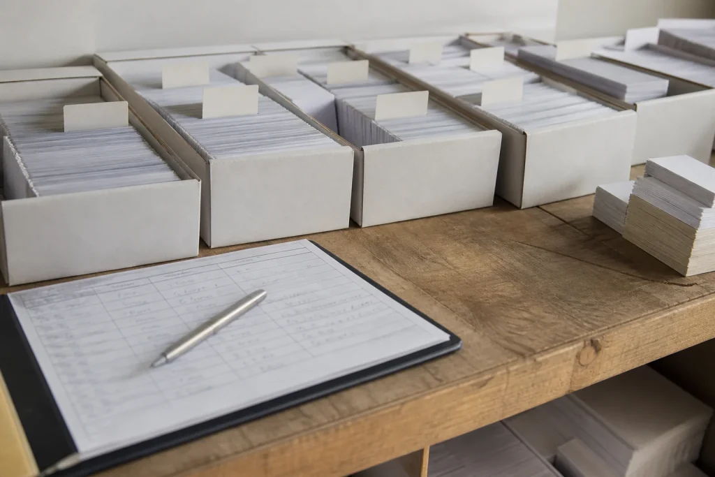 Organised stock of replacement business cards for staff updates for business card printing UK.