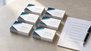 A coordinated set of business cards with consistent branding for different team members