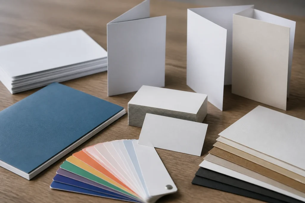 Printed marketing materials and paper samples being compared before ordering for printing services UK.