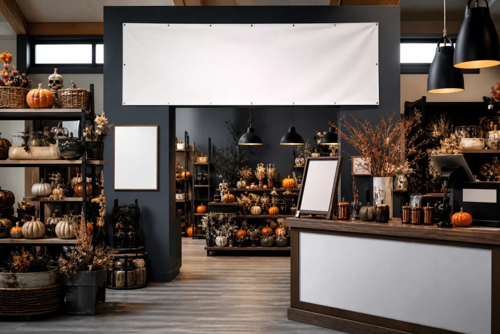 Coordinated Halloween banner and smaller shop display materials for custom Halloween banners.