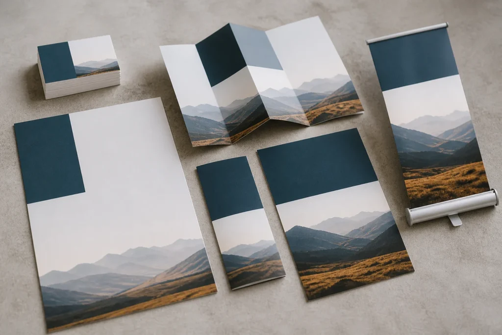 Coordinated print design across stationery marketing and display materials