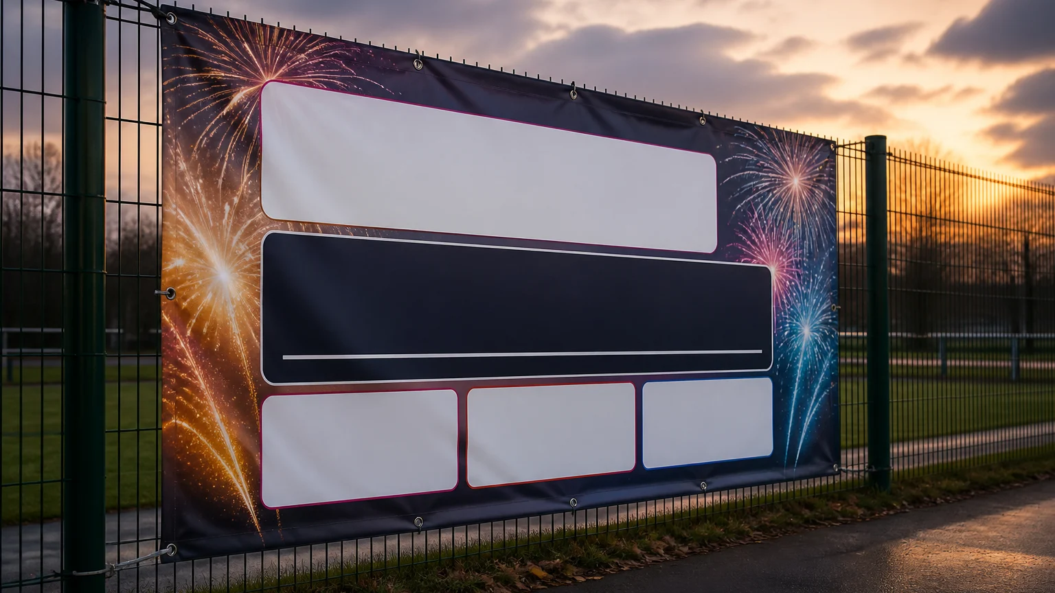 Custom Fireworks Night banner with a clear visual hierarchy for event and sponsor details