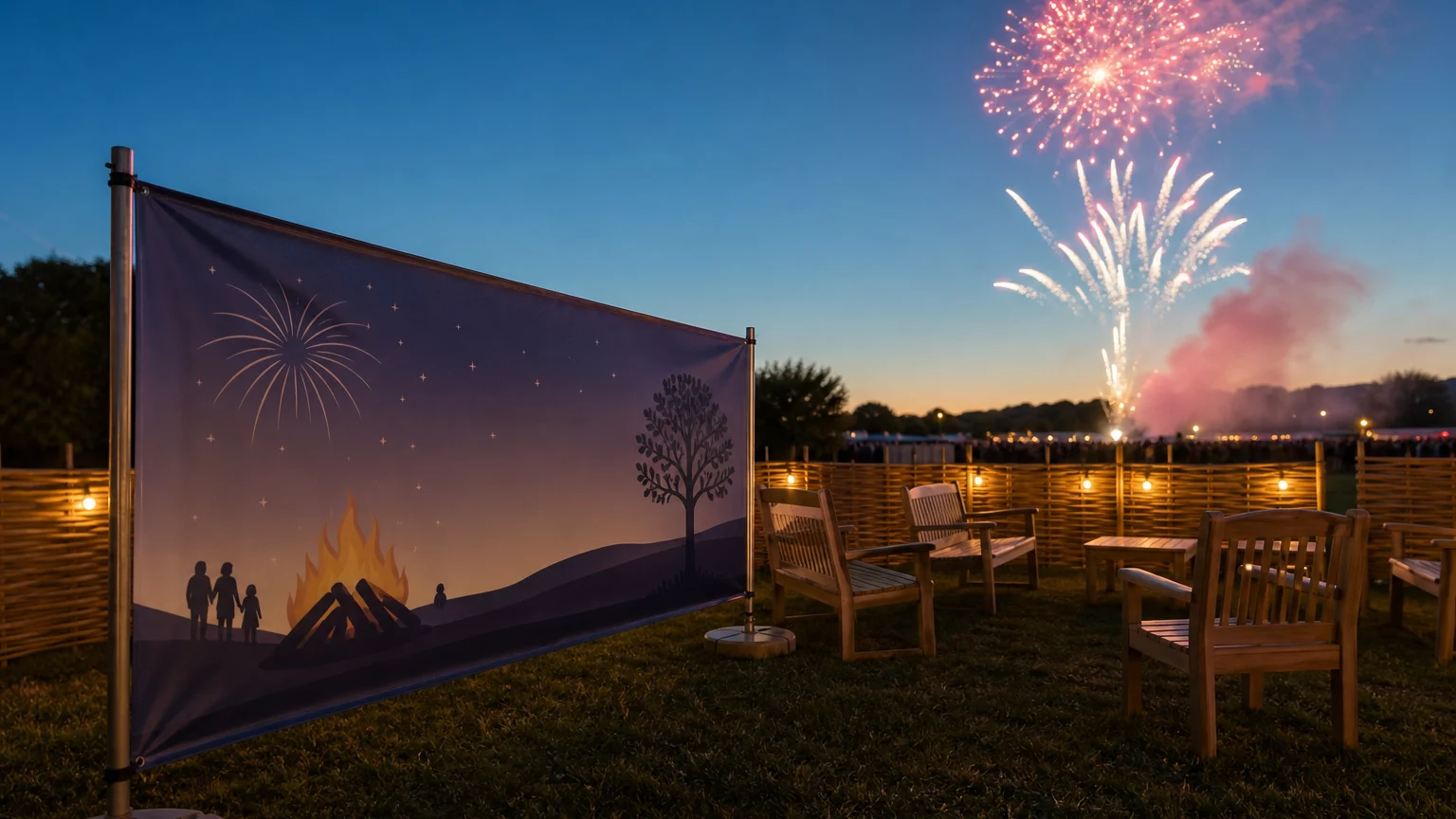 Custom Guy Fawkes banner marking a quieter area at an evening fireworks event