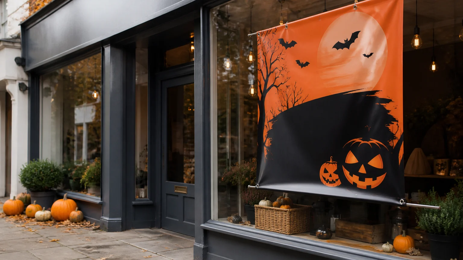 Custom Halloween banner displayed in a decorated shop window