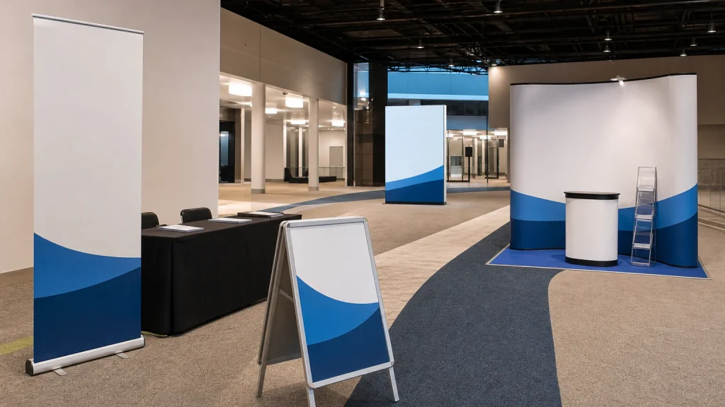 Custom printed event displays UK arranged to guide visitors through an exhibition hall