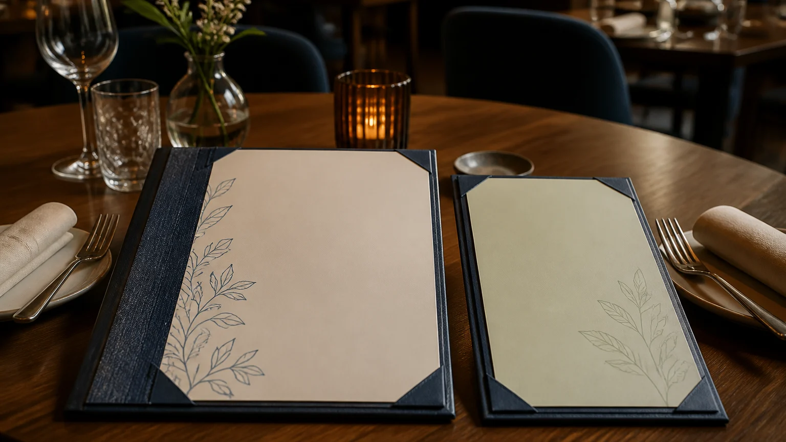 Custom printed menus UK with a core menu and seasonal insert on a restaurant table
