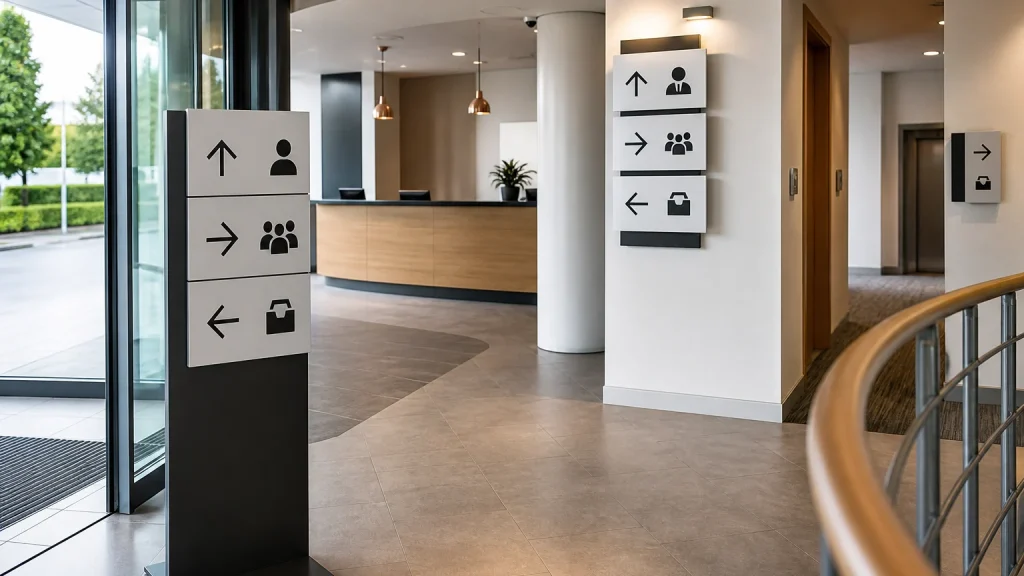 Custom signs guiding visitors from an entrance to reception and service areas