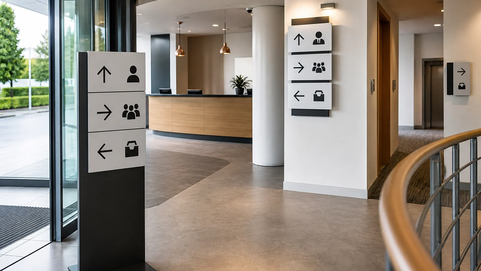 Custom signs guiding visitors from an entrance to reception and service areas