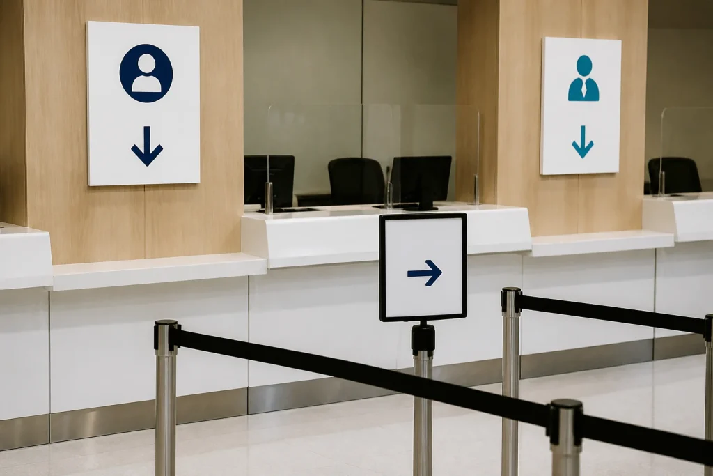 Custom signs identifying service counters and queue direction