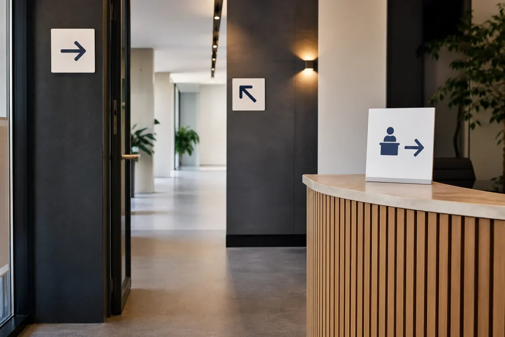 Custom signs marking an entrance, corridor junction and reception point