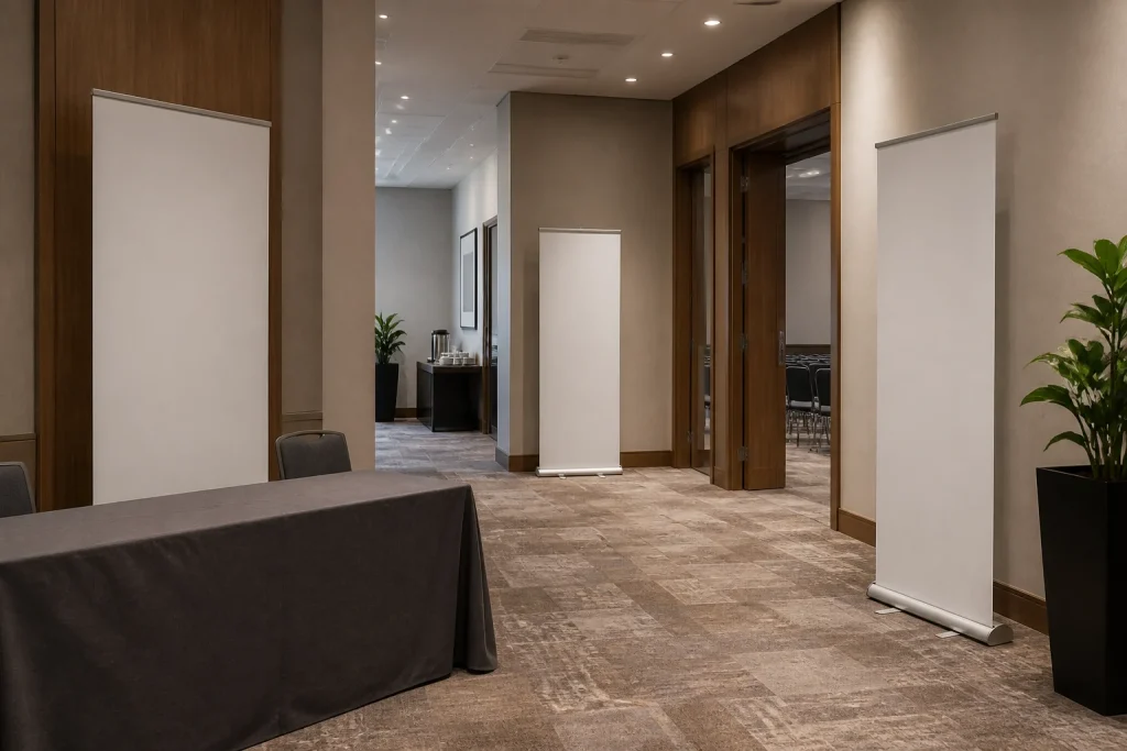 Event venue layout showing display positions from entrance to registration for custom printed event displays UK.