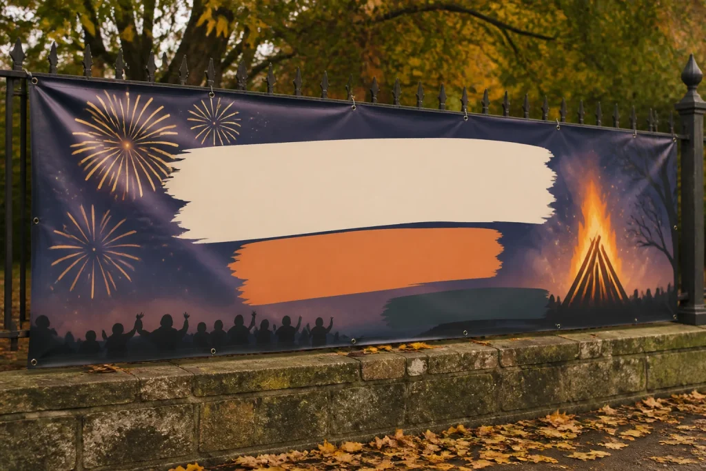 Family event banner layout with a clear message hierarchy for Guy Fawkes banner printing.