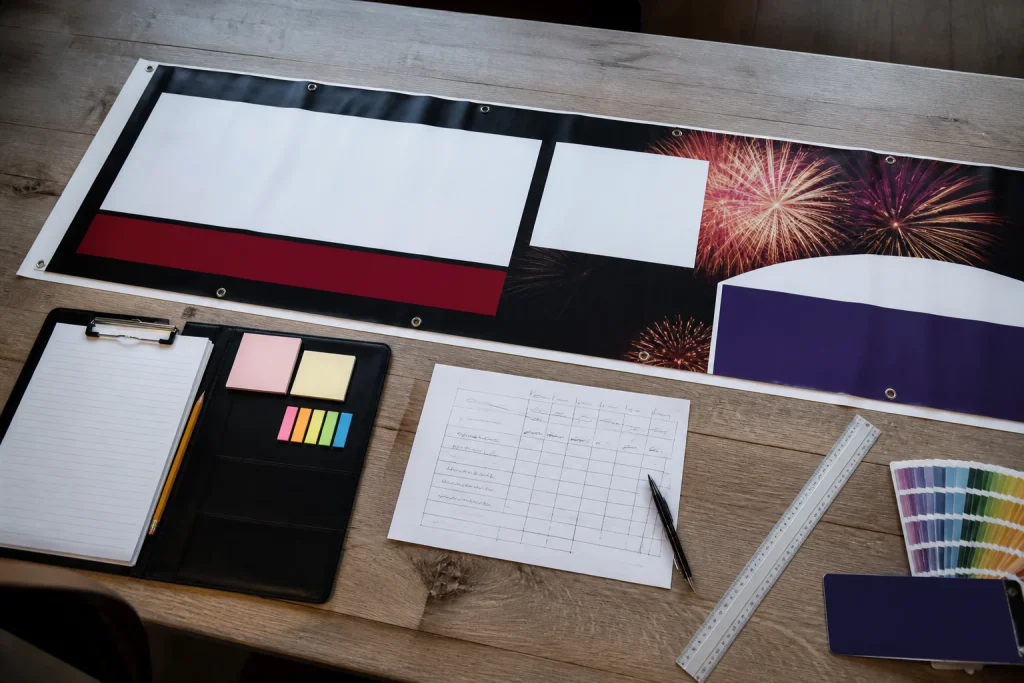 Banner brief showing an event timetable and sponsor logo placeholders for Fireworks Night banner printing.