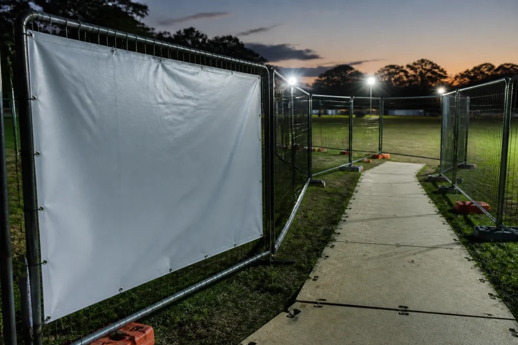 PVC banner beside a pedestrian route at a fireworks event safety zone