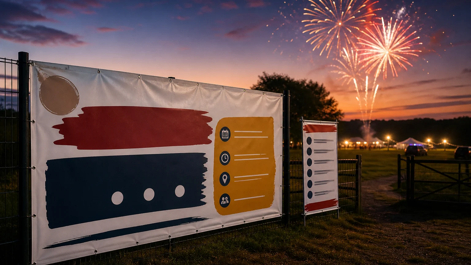 Fireworks Night event banner display planned with sponsor and timetable areas