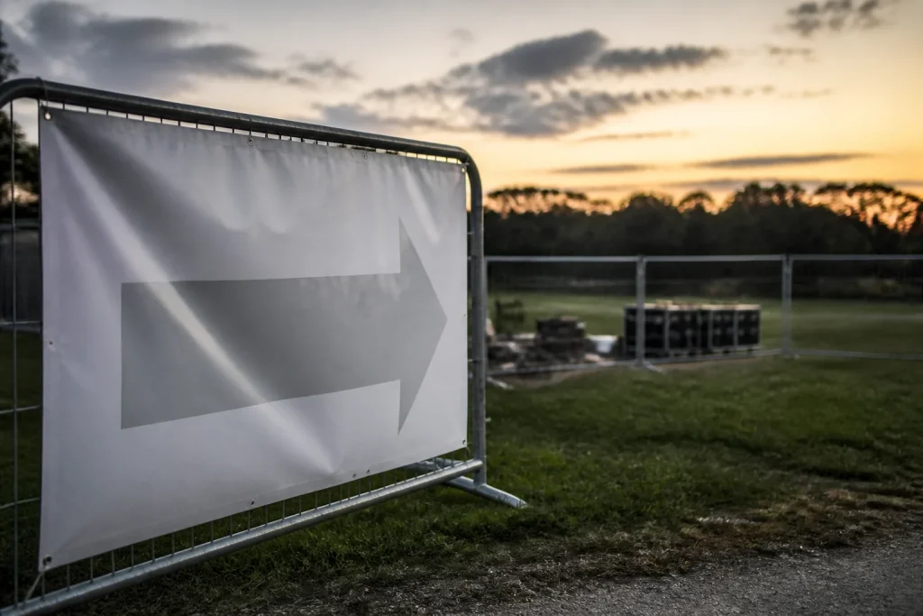 Wide-format PVC banner beside a Fireworks Night spectator viewing area