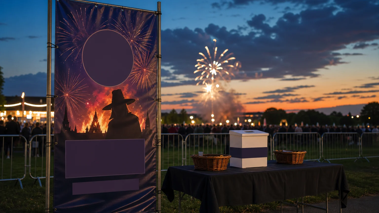 Guy Fawkes banners beside a charity collection point at a community fireworks event