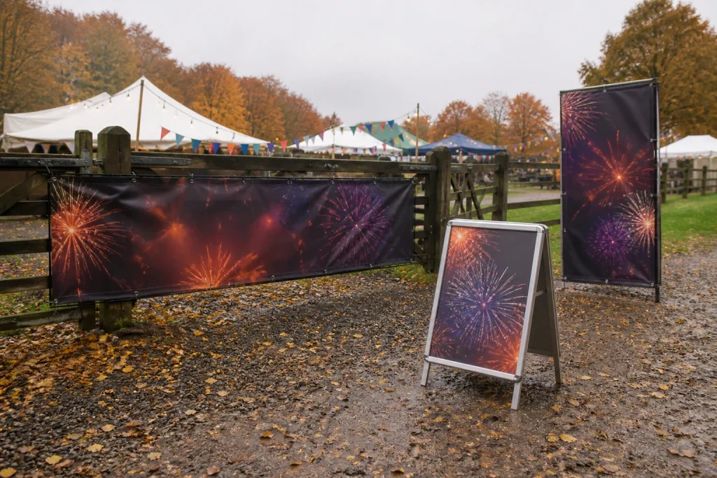 Coordinated Guy Fawkes event banner and supporting signage