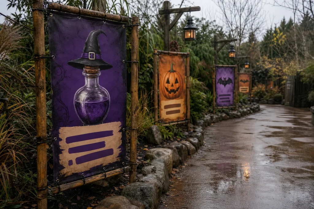 Halloween themed activity signs marking different visitor areas for Halloween PVC banners.