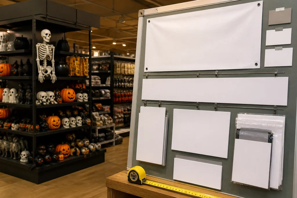 Planning printed Halloween shop display materials for Halloween banners for shops.