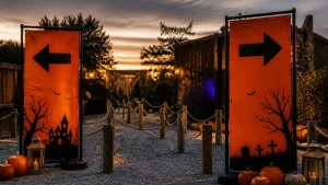 Halloween banner printing used to identify separate queue entrances at a seasonal attraction