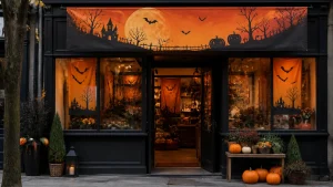 Halloween banners connecting an outdoor shop entrance display with indoor seasonal promotions