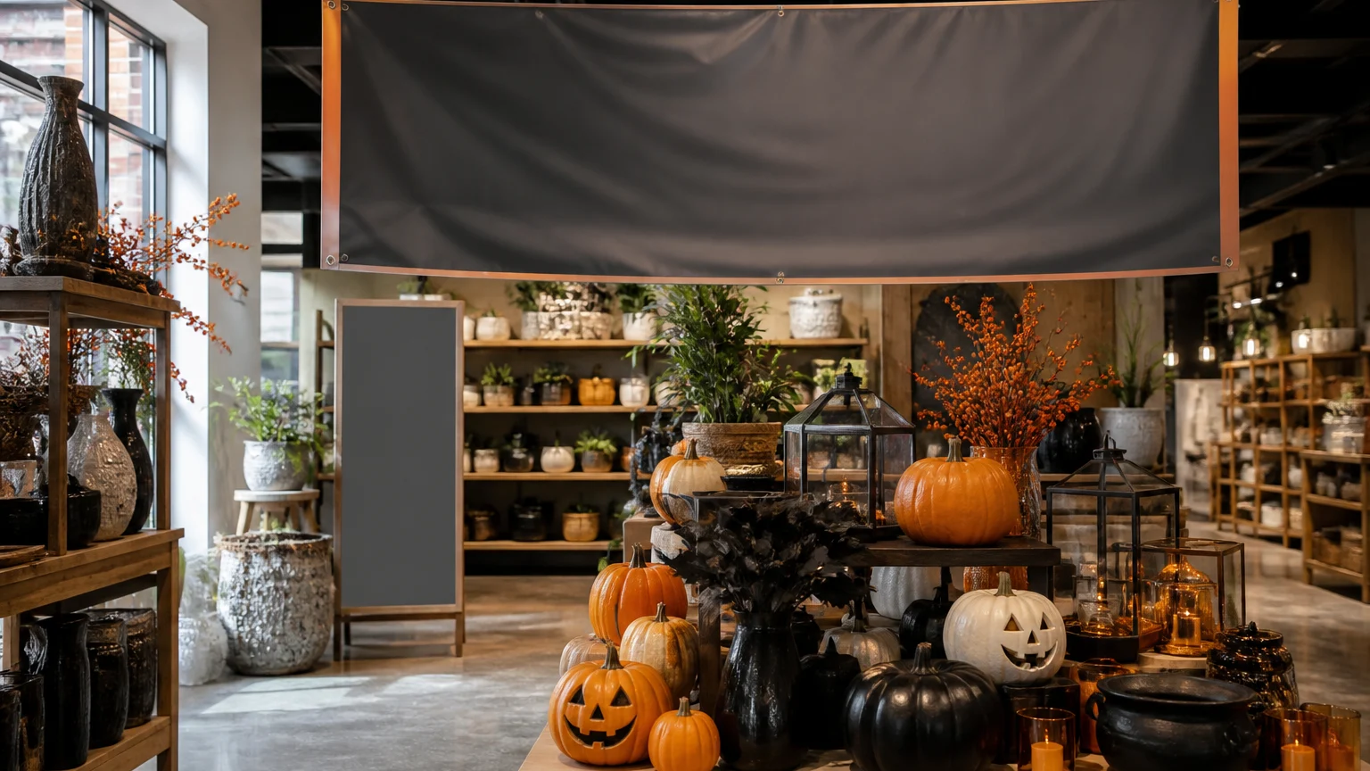 Halloween banner above a coordinated seasonal shop display for Halloween banners for shops.