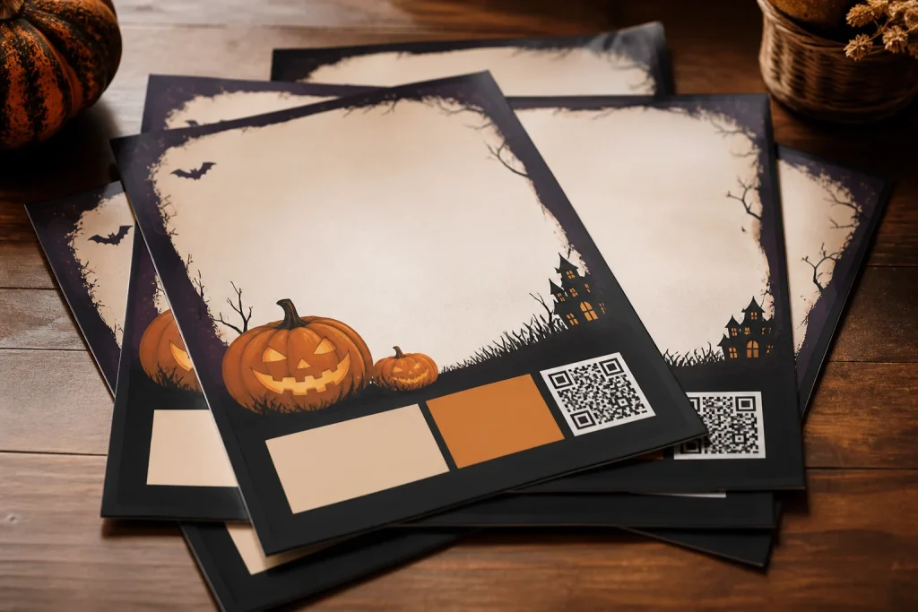 Halloween flyer layout showing activity and booking information