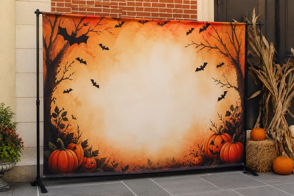 Halloween photo backdrop with clear space for visitors for Halloween event banner printing.