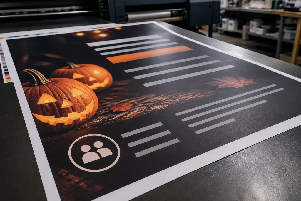Close-up Halloween poster printing proof with a clear age-guidance area