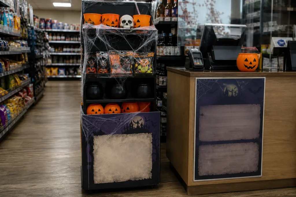 Halloween posters placed at a seasonal retail display and counter for Halloween poster printing.