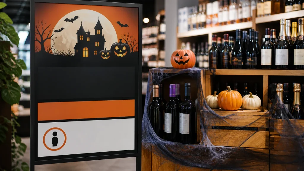 Halloween poster printing display with clear age-guidance layout in a retail setting